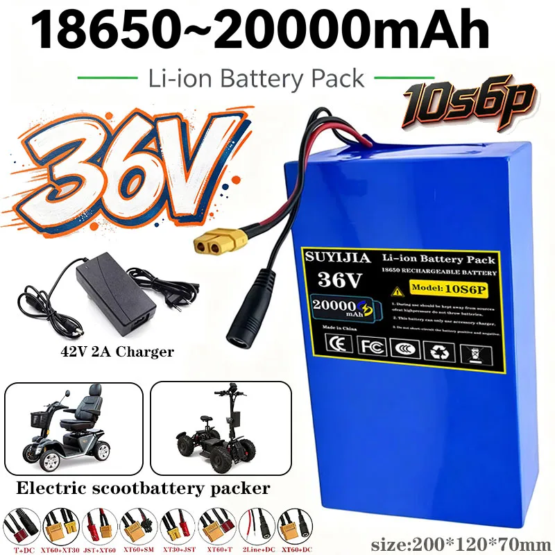 Batterie lithium-ion 36V 20Ah 10S6P, 36V 20000mAh 1000W, batterie électrique avec BMS intégré18650