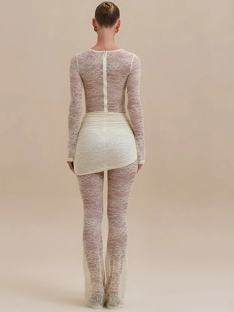 JULISSA MO Tuta da donna sexy con collo alto in pizzo trasparente Tuta nera a maniche lunghe con nastro Autunno Slim Elegante Party Clubwear