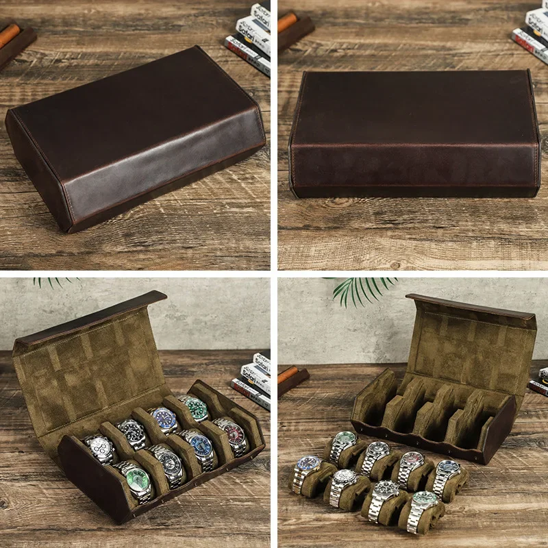 Portable retro Crazy Horse leather watch box, removable multi-piece handmade leather storage box