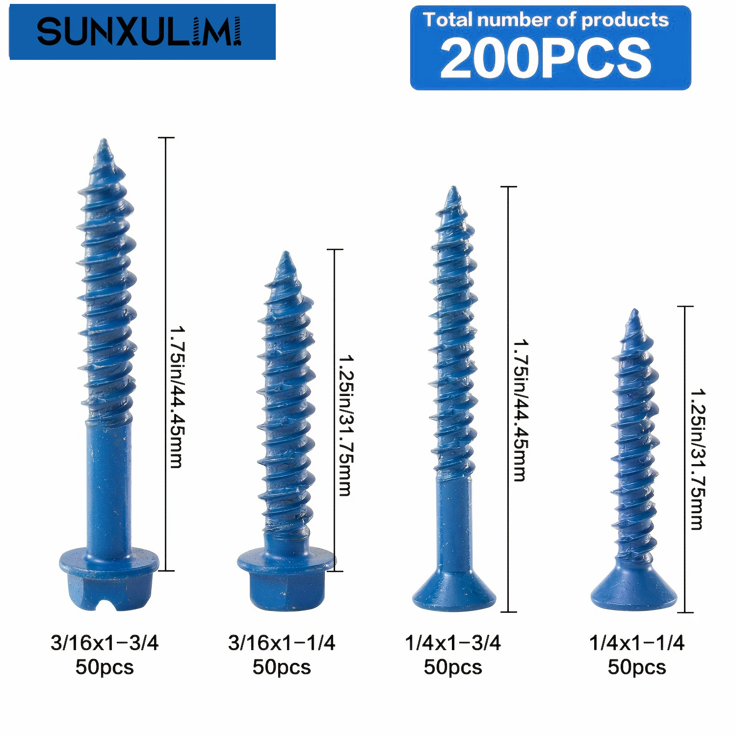200-piece concrete screw set with drill bits, 3/16“ and 1/4” concrete screw sets, flat-head and hex-head masonry screws, no pre-