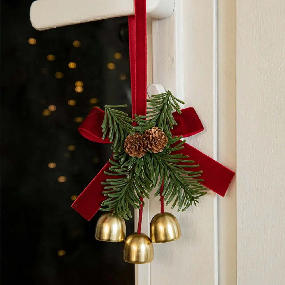 Red Christmas Velvet Bow Bell Metal Hanging Christmas Chime Bell Crisp Sound Festive Pine Cone Bell Pendant