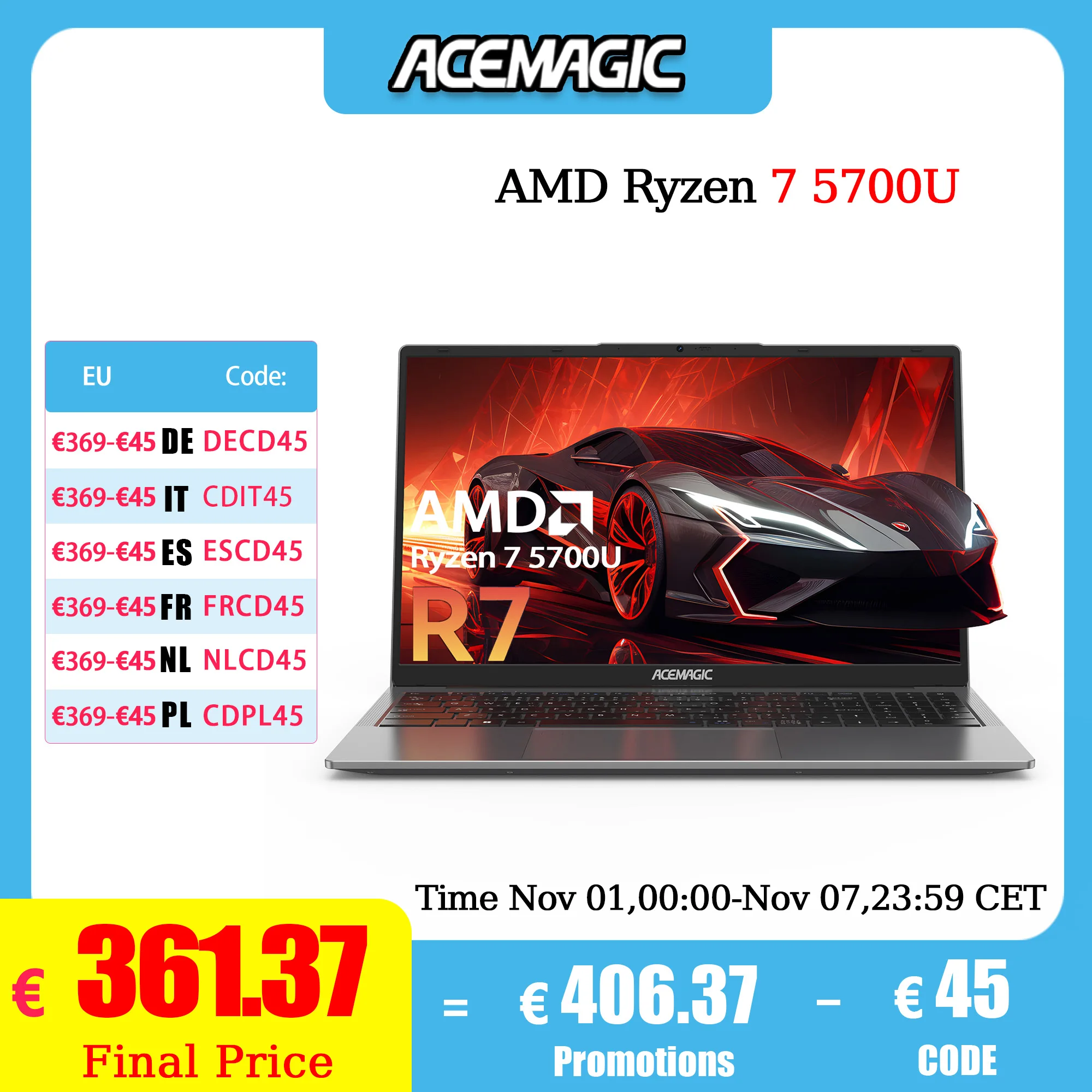 Ordinateur portable de jeu ACEMAGIC AMD Ryzen 7 5700U, écran FHD 15,6 pouces, 16 Go de RAM, SSD NVMe 512 Go