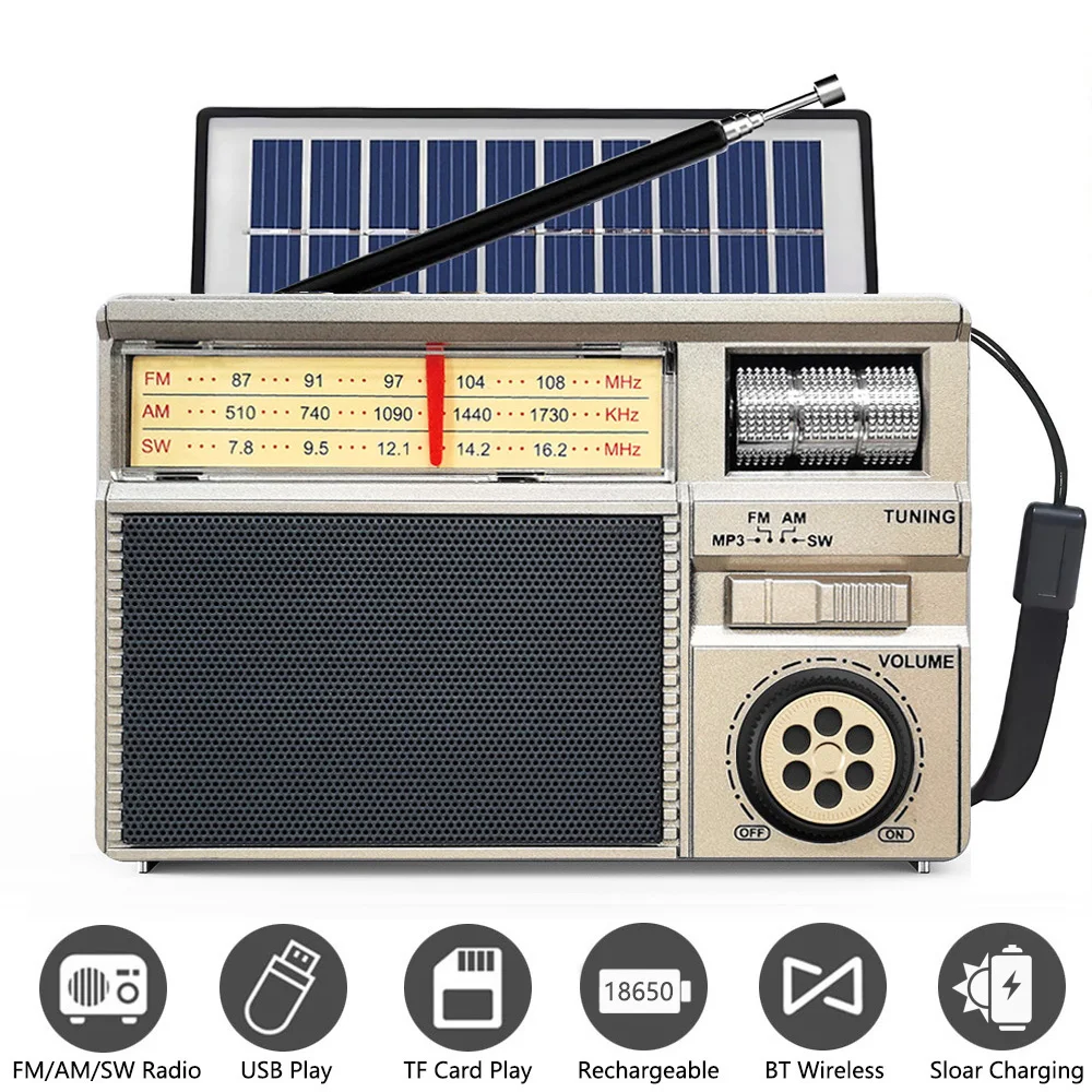 

Винтажное солнечное радио AM/FM/SW с Bluetooth-колонкой, USB/TF MP3-плеером, перезаряжаемой батареей и FM-приемником для дома и улицы