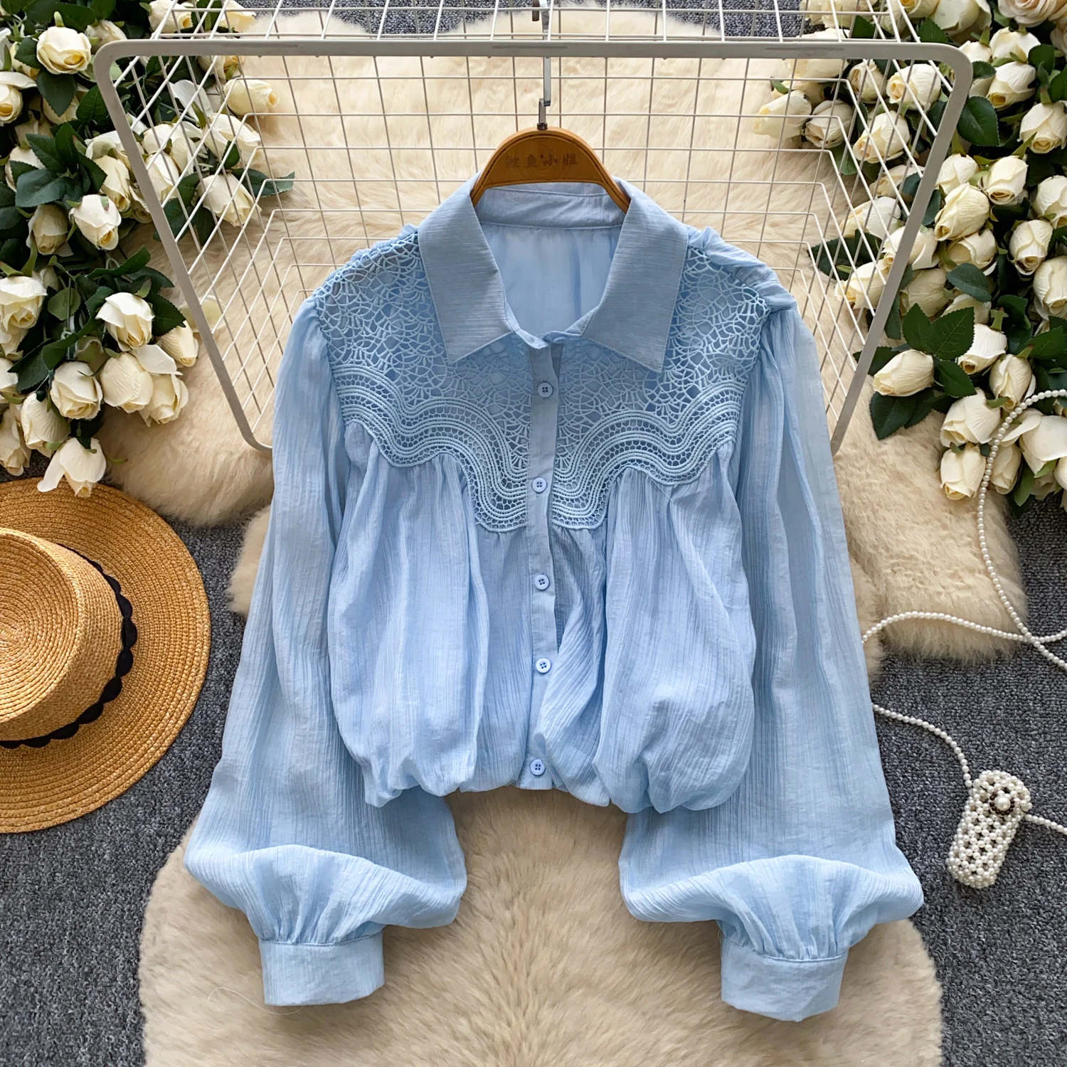 

Elegant Basics hollow out Long Sleeves button Vintage Top Office Lady High Street Autumn Women Blouse