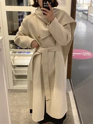 Hande-swed Double-sided Alpaca Coat Women Long Autumn Winter New Korean Fashion Big Shawl Collar Design Loose Wool Tweed Jacket