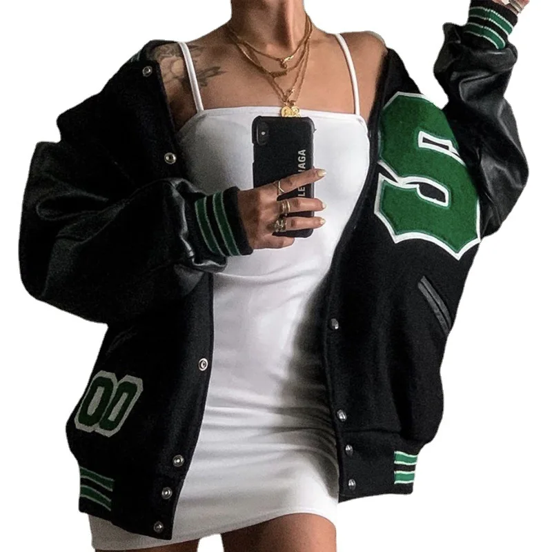 Women Baseball Jacket Autumn and Winter New Hip-hop Fleece Padded Uniforms Street Casual female Coat Loose Stitching Tops 2022