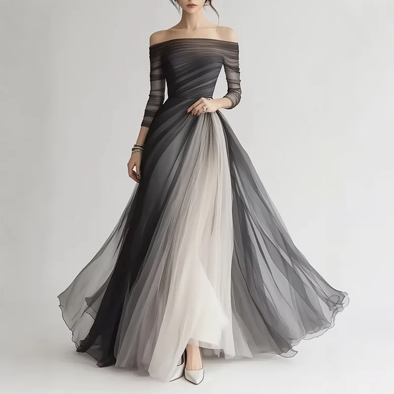 

Gradient Patchwork Off Shoulder Long Sleeve Layered Maxi Dress Women Wedding Party Formal Prom Gowns Evening Floor Length Dress