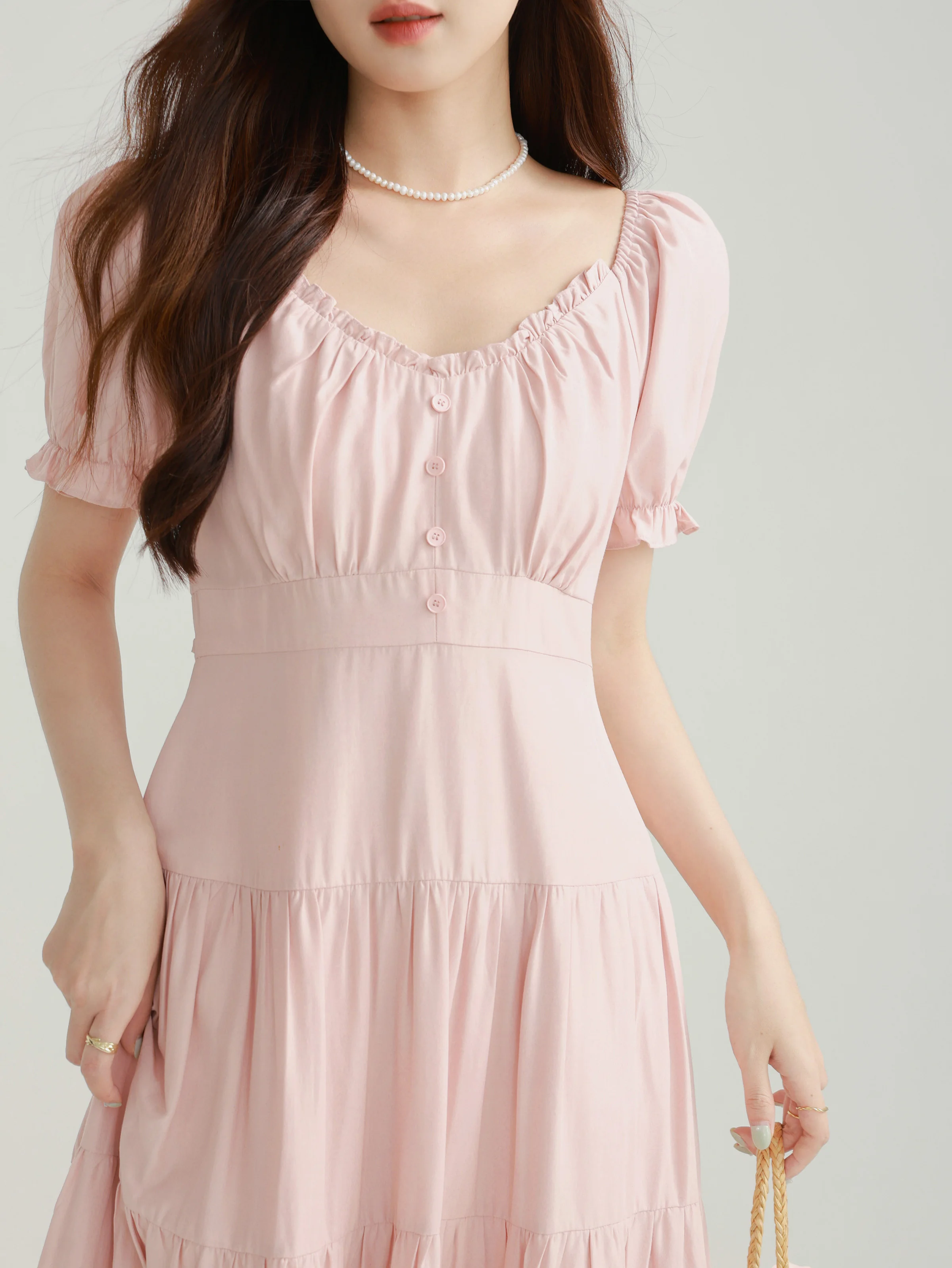 Doce rosa com decote em v vestido plissado feminino cintura alta em camadas bolo saia verão puff manga estilo princesa roupa feminina elegante olhar