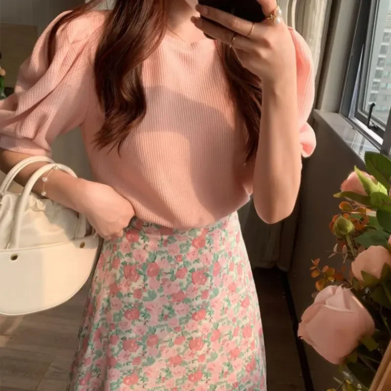 2024 Pink Suit Skirt Summer New Super Fairy Fresh Fashion Tops Crushed Chiffon Half Body Skirt Two-piece Y2K Korean Fashion