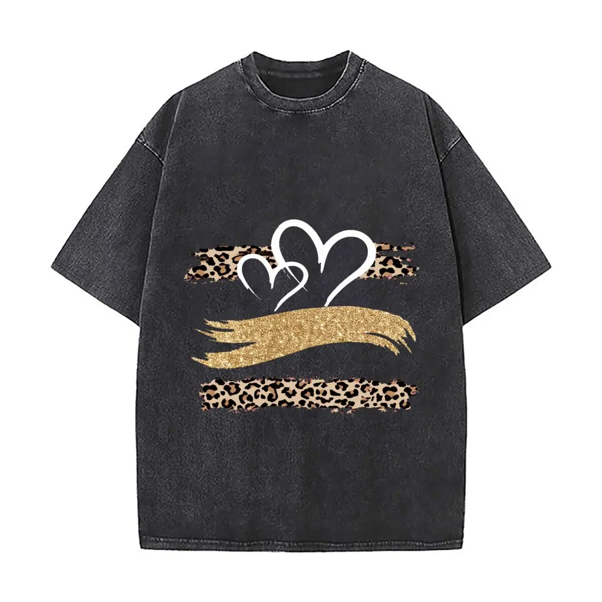Valentine Heart Leopard Print Gold Glitter Graphic Distressed Vintage Oversized Streetwear Tops for Coffee Dates