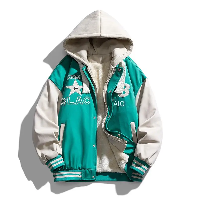 

Мужская куртка на флисовой подкладке, зимнее утолщенное спортивное пальто, искусственная бейсбольная куртка из двух предметов, студенческая толстовка с капюшоном в гонконгском стиле