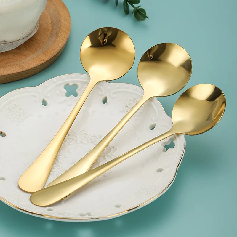 Golden Stainless Steel Round Head Teaspoons Dessert Coffee Spoons Children\'s Soup Ladle Home Kitchen Utensils Tableware