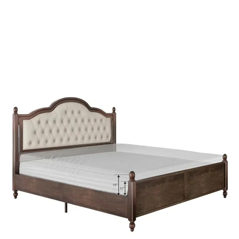 

Queen Size Solid Wood Bed Frame with Upholstered Tufted Headboard and Roman Column Accents, No Box Spring Needed