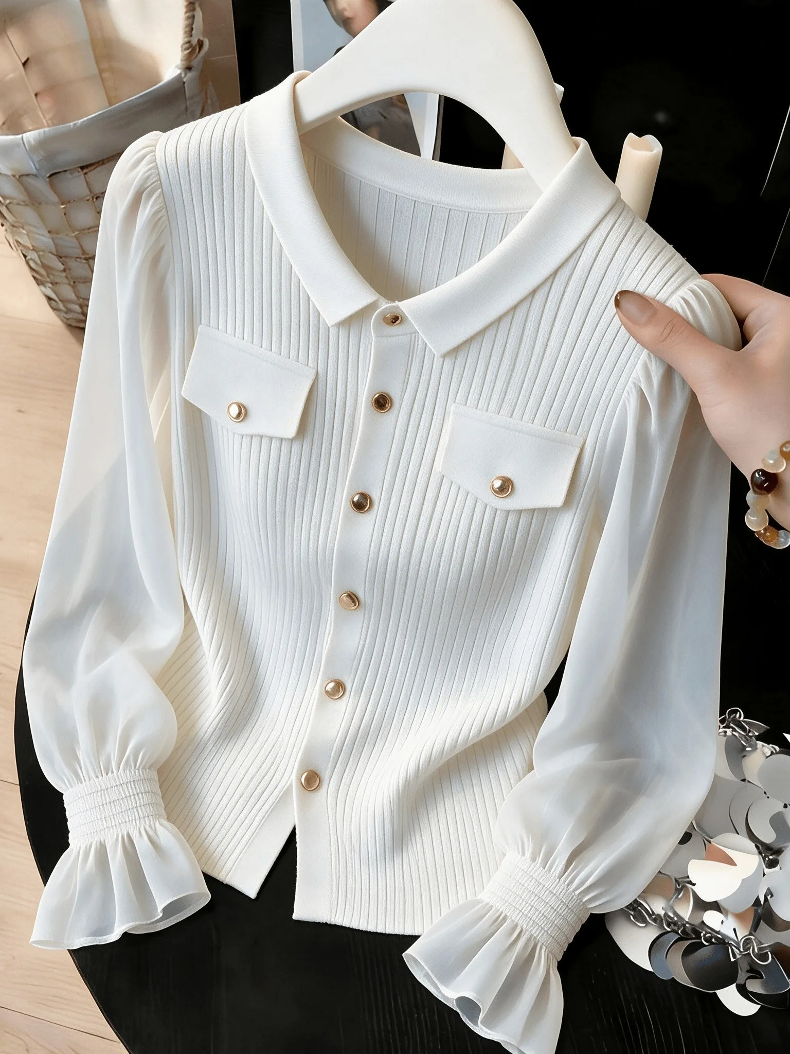Beige  Collar Knitted Sweater Women's Chiffon Splicing Flared Sleeve Pocket Gold Button Spring Autumn Ladies Top