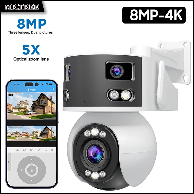 

8MP WIFI Outdoor Camera 180° Ultra Wide View Angle Surveillance 5X Zoom Humanoid Detection Tracking PTZ Security CCTV IP Cams