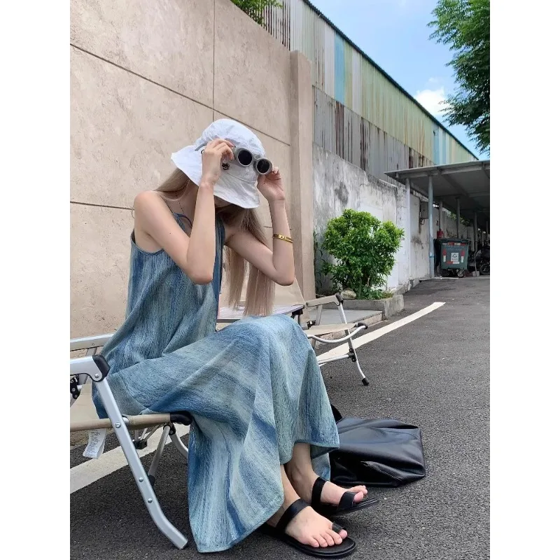 Französische Vintage Subkultur Tie Dye Design Kleider Sommer Neue Y2k Trägerkleid Damen Süße Lose Senior Sense Urlaubskleid