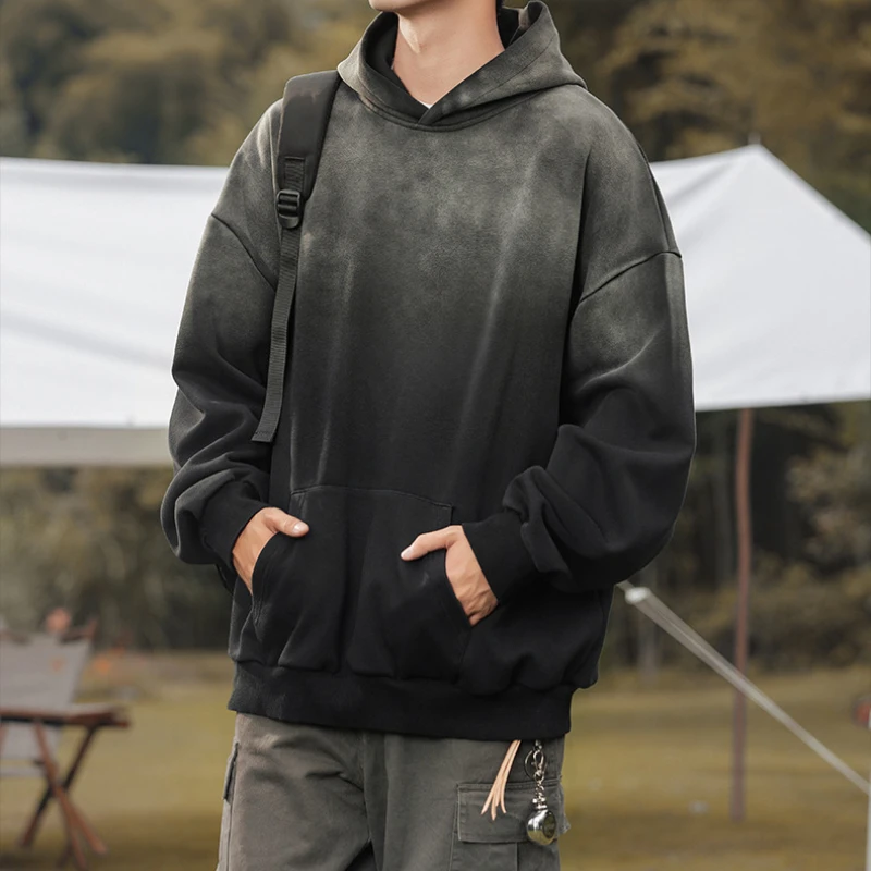 American Vintage Aged Washed Hooded Sweatshirt Gradient Color Heavyweight Top Street Loose Hoodie Men Women Clothing