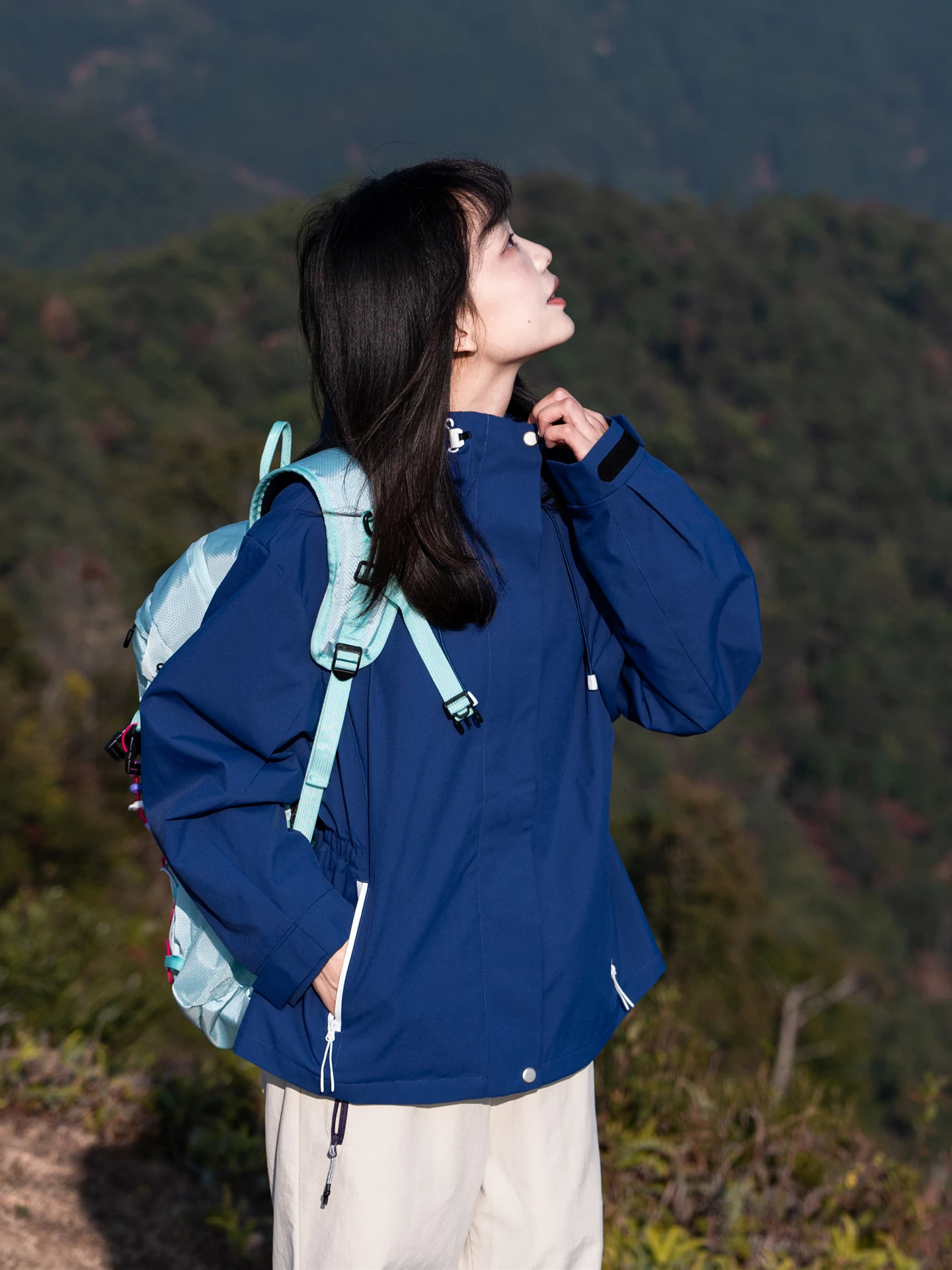 

Outdoor Women's Blue Waist-Cinching Jaet Hooded Windproof Single-layer ell Zipper Closure Long Sve Pure Color Casual