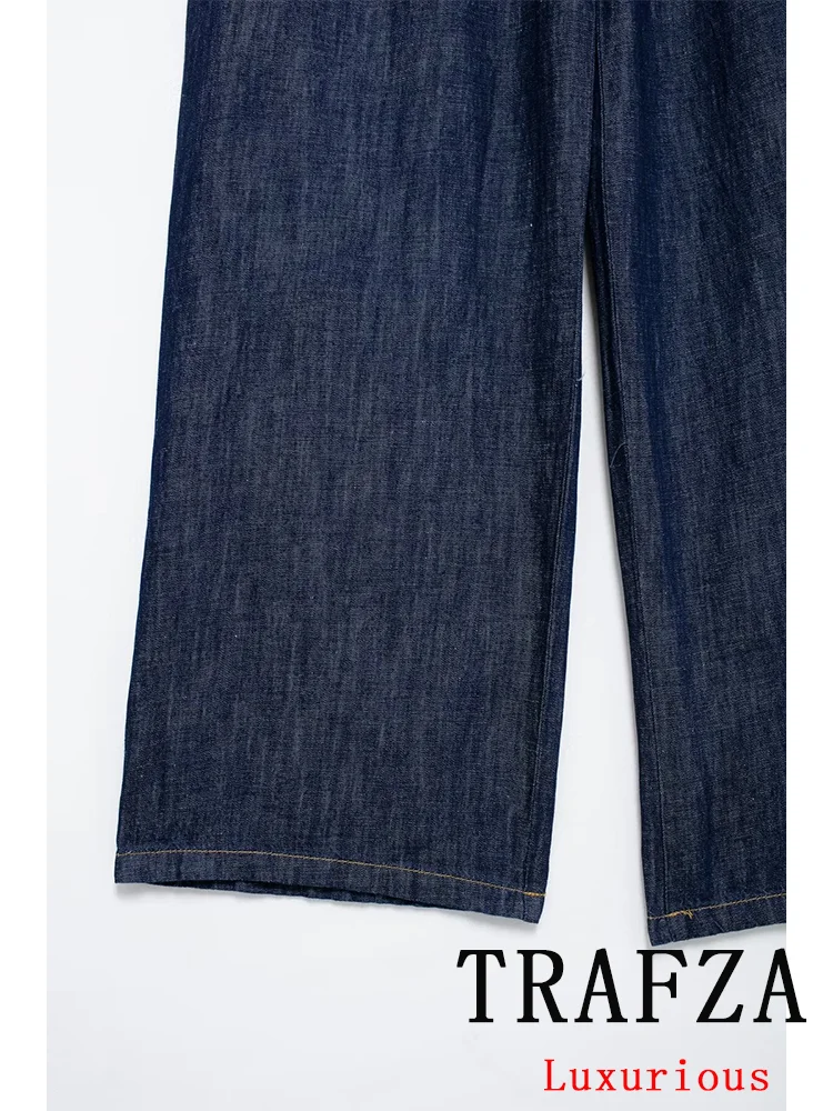TRAFZA Vintage Casual Chic Women Denim Pants Solid Pockets Straight Loose Long Pants New Fashion 2024 Autumn Female Trousers