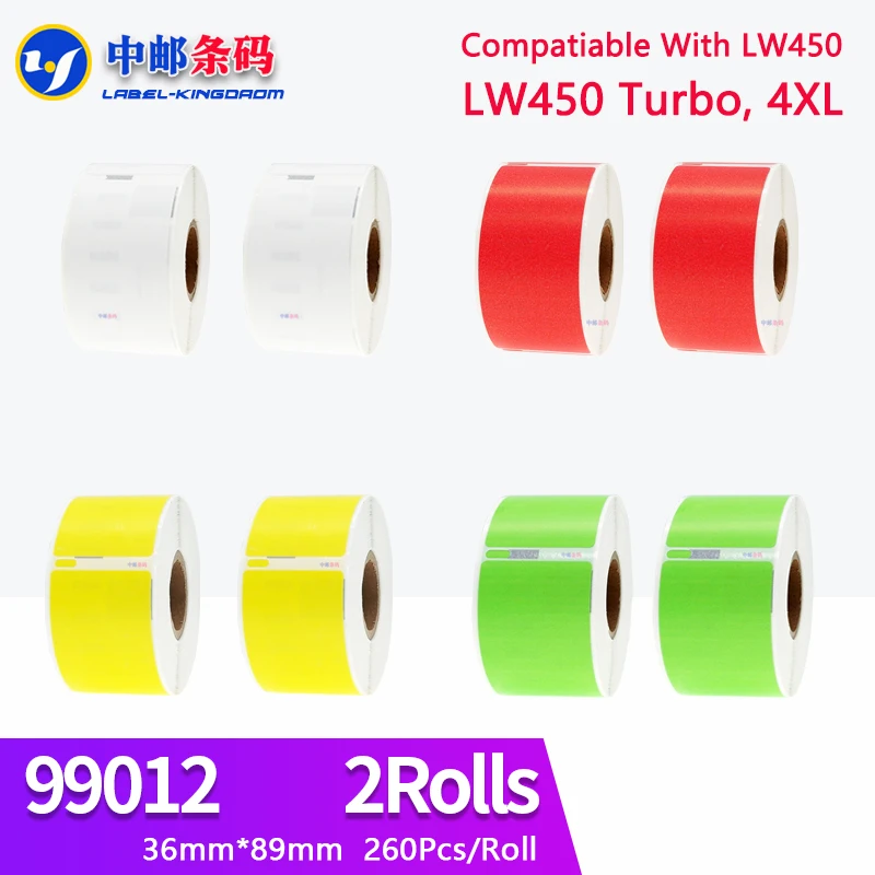 2 Rolls Dymo Compatible 99012 Label 36mm*89mm 260Pcs Red Yellow Green White for LabelWriter LW400 LW450 LW450Turbo 4XL Printer
