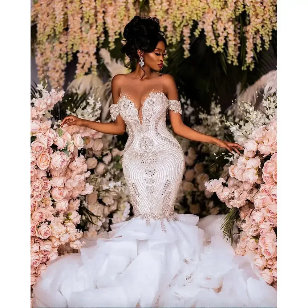 Customized  Square Neck Shinny Pearls Beads Wedding Dress For Bride Robes De Mariee Off The Shoulder Outdoor Tiered Bridal Gown