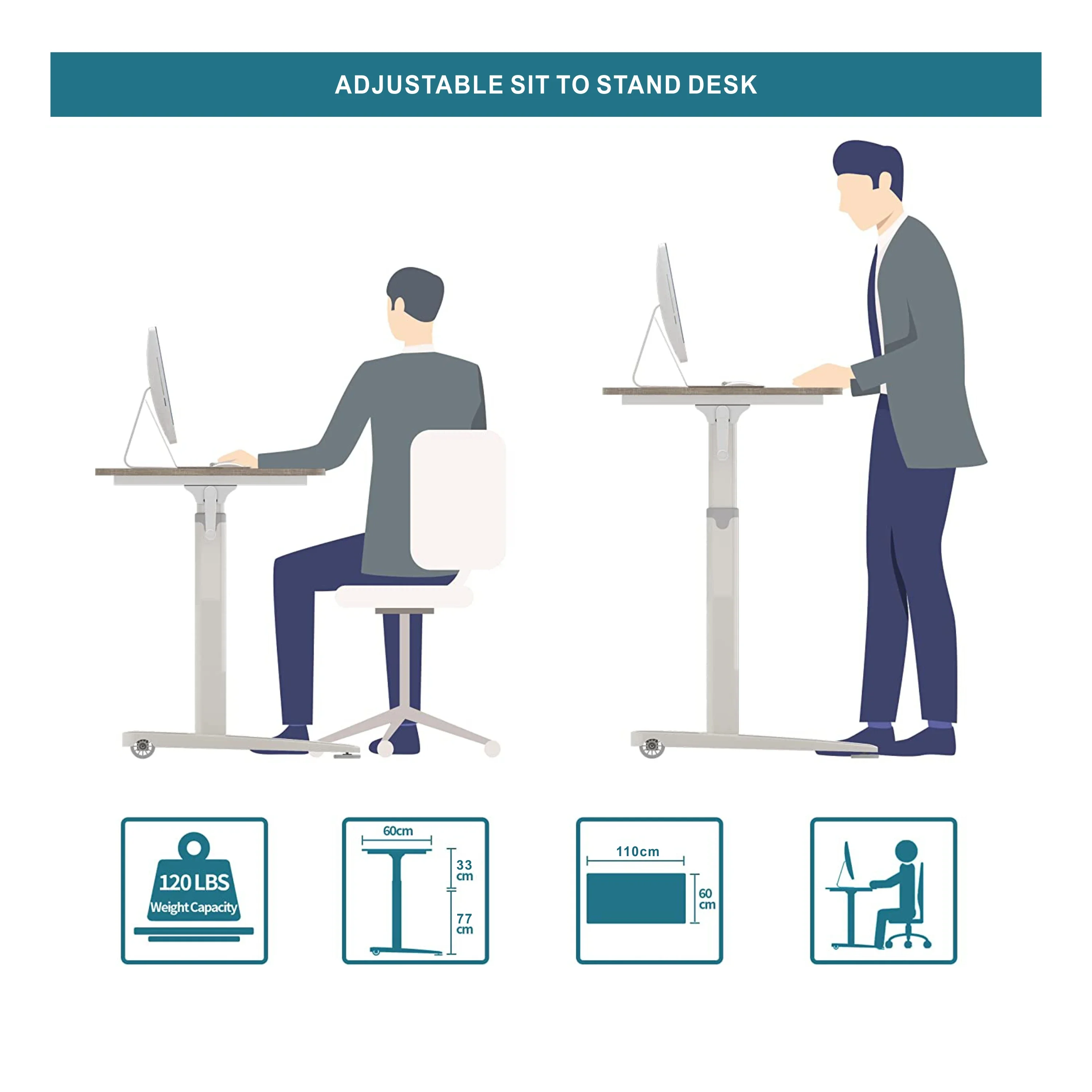 Hand Lift and Drop Height Adjustable Table, Home Office Furniture, Manual Desk, PC, Laptop, Standing Computer Desk