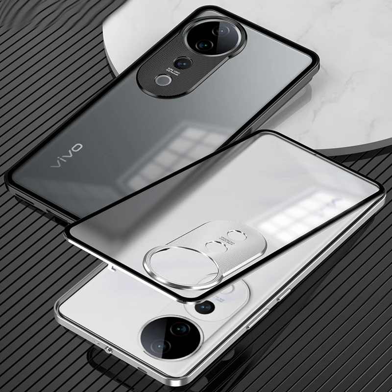 Metal Bumper Phone Case lock buckle For vivo V29 V30 V40 Pro y200 Pro Y300 Plus 5G Single sided Matte Clear Back Cover cases