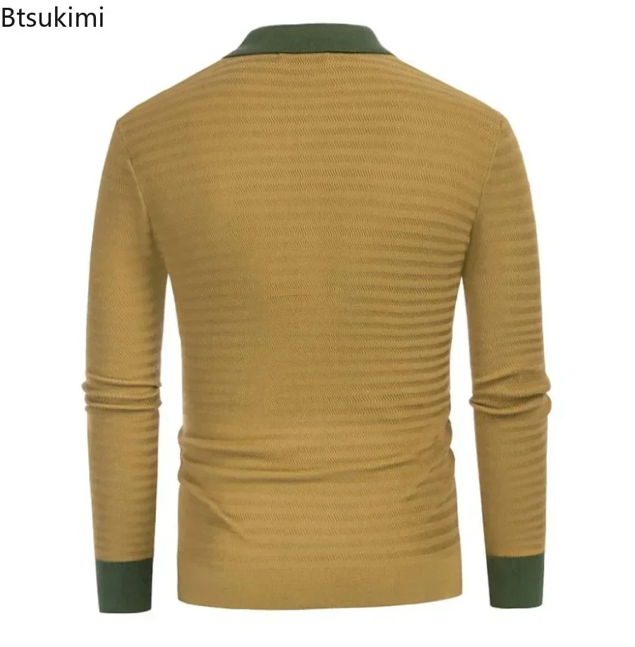 Spring Autumn New Men's Clothing Fashion Men Long Sleeve Knitted Cardigan Men Business Casual Striped Polo Shirts Knitwear Male