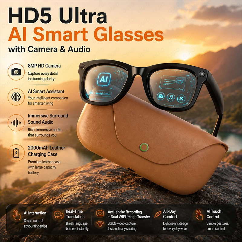 2026 New AI Smart Glasses 8MP HD Camera AI Translator Surround Sound Audio Smart Assistant 2000mAh Charging Case Smart Eyewear