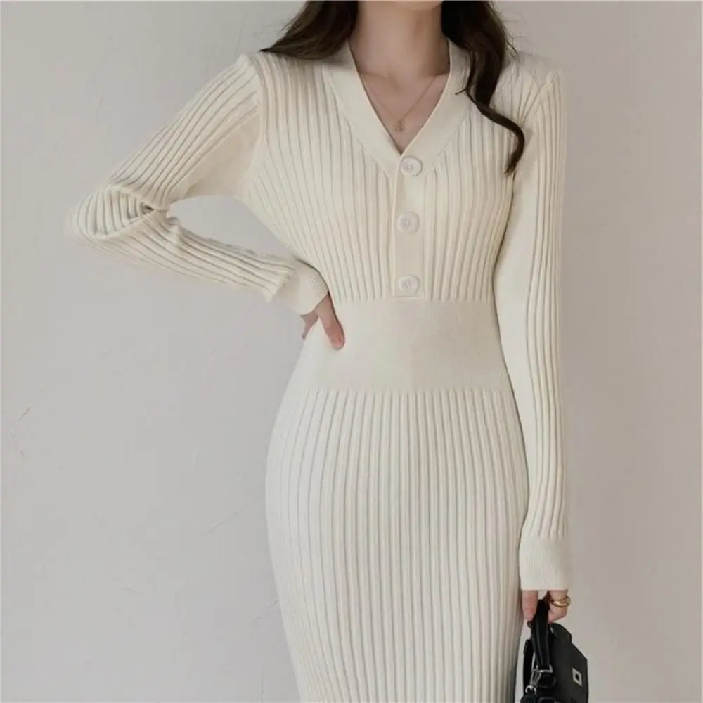 

Korean Style Winter Knit Warm Long Dress Soft V-neck V-neck Women Sweater Dress Bottom Wrap Dress Comfortable