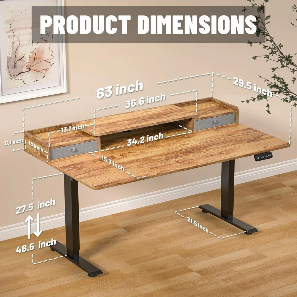 مكتب مريح للجلوس مع ارتفاع قابل للتعديل وتخزين، محطة عمل واسعة 63 × 30 للاستخدام المكتبي المريح