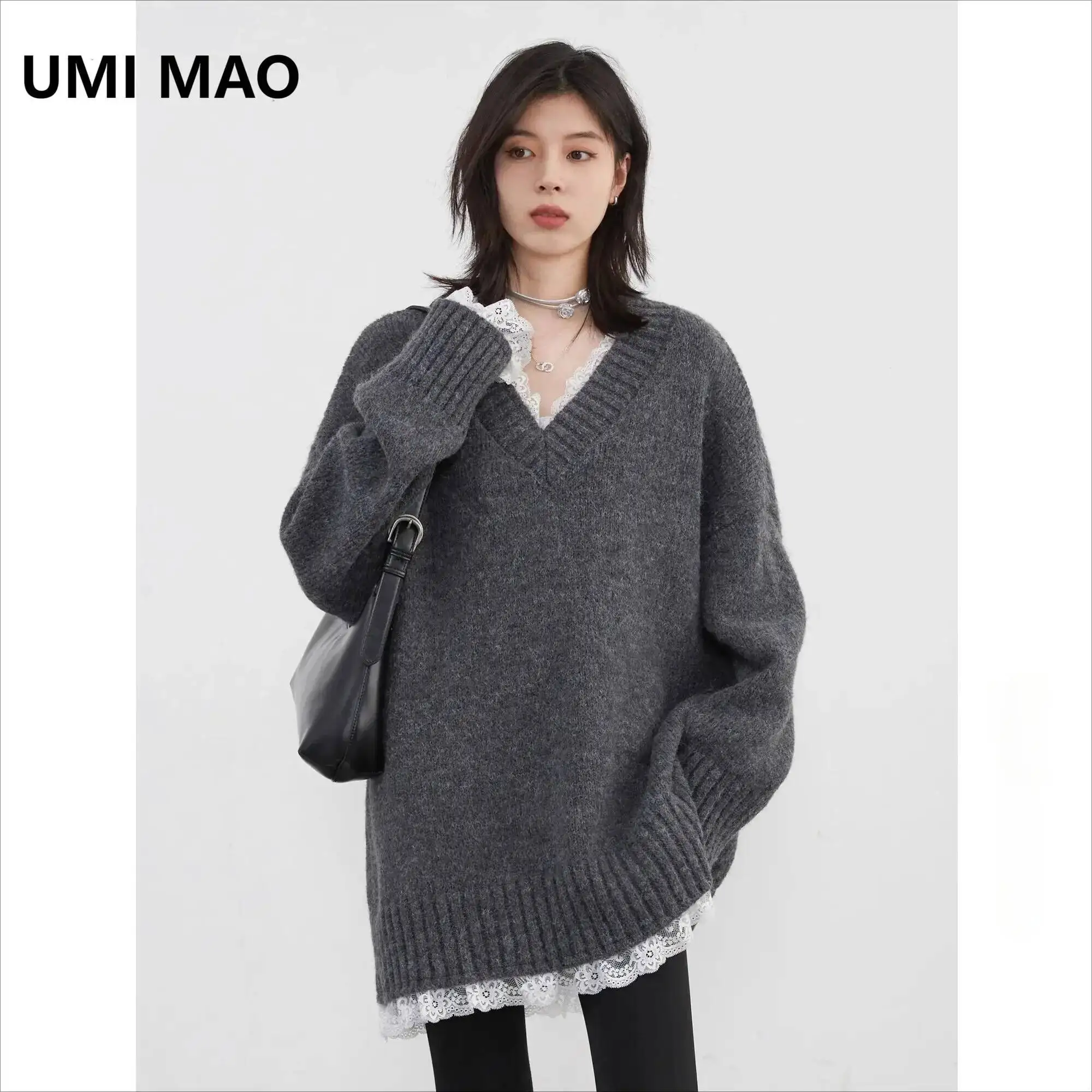 

UMI MAO женский вязаный свитер, новые свободные пуловеры с v-образным вырезом, кружевные лоскутные женские джемперы средней длины, женские топы, осень-зима