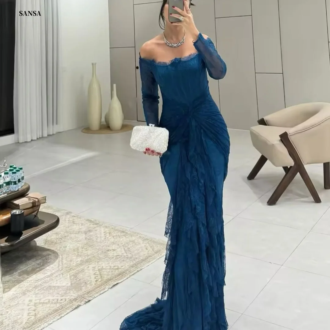 سانسا مخصص قبالة الكتف طويلة الأكمام فساتين لحضور الحفلات الموسيقية الدانتيل حورية البحر فساتين للمناسبات الخاصة الطابق طول vestidos de festa