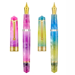 Asvine P20 Piston Fountain Pen EF/F/M/1.1 Nib, Purple / Blue Yellow Acrylic Patterns Golden Clip Smooth Writing Office Pen
