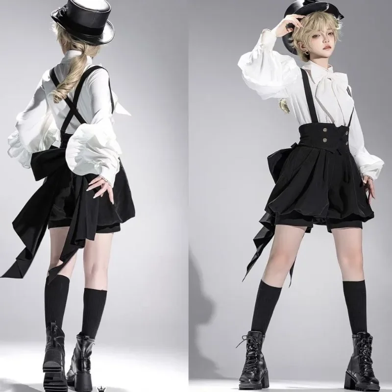 

Винтажная элегантная женская рубашка Лолиты с лацканами и длинными рукавами + шорты Y2k с высокой талией и бантом на бретельках, новинка лета 2025, комплекты из двух предметов