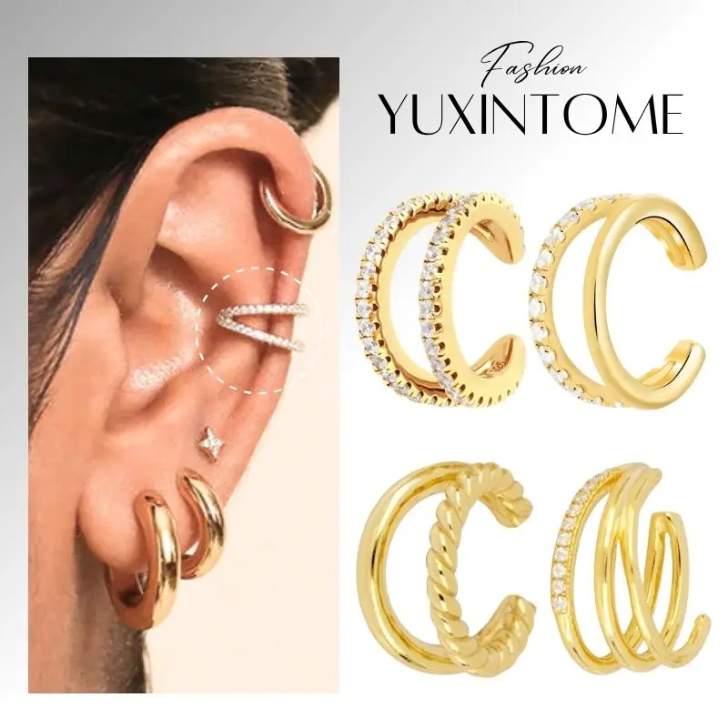 

1PC Plated 24K Gold Ear Cuff CZ Zircon For Women Fashion INS C Shape Men's Clip Earring Luxury Jewelry Clip On Ear Wholesale