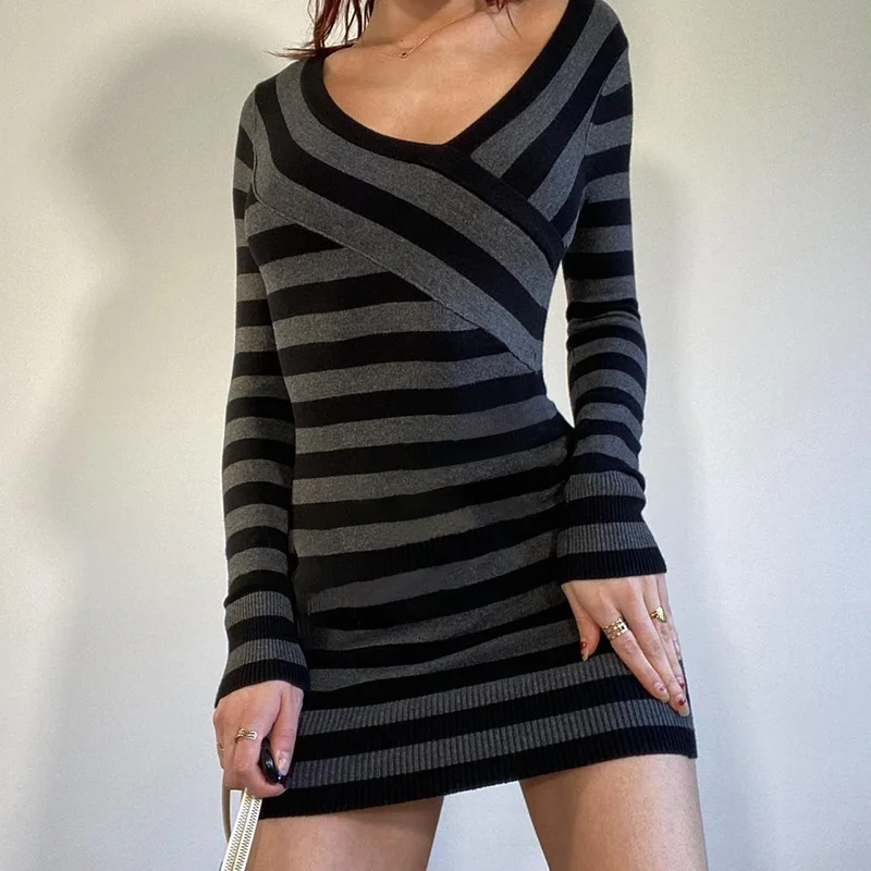 

American Women Stripe Dress Splice Sexy Oblique V-neck Tight Long Sleeve Dress 2023 Autumn New Woolen Knit Dress