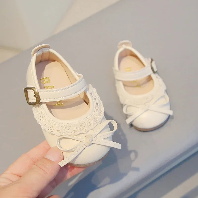 Girls Walking Shoes Sweet Lace Simple Bows Baby Princess Shoes Round Toes 2025 New Kids Leather Shoes Non-slip Soft Sole Flats