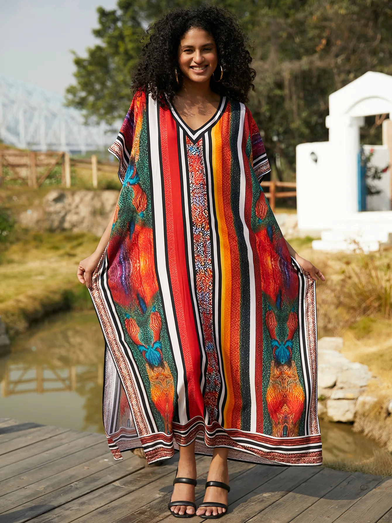 

Beach smock Rayon positioning print loose comfortable home wear holiday robe bikini sunblock shirt