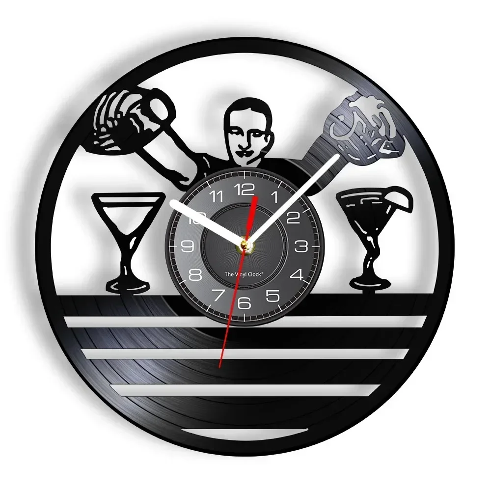 Bartender Wall Clock Pub Bar Barman Business Hanging Sign Wine Guy Decorative Cocktail Wall Art Vintage Vinyl Record Wall Clock