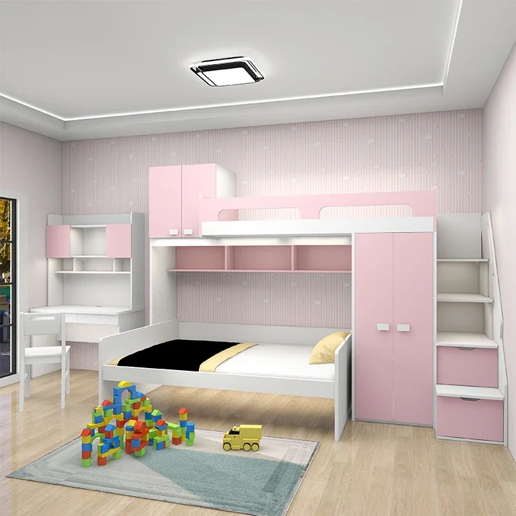 Bedroom combination children's furniture with bookcase drawers wardrobe cupboard double bed cabin children's bed