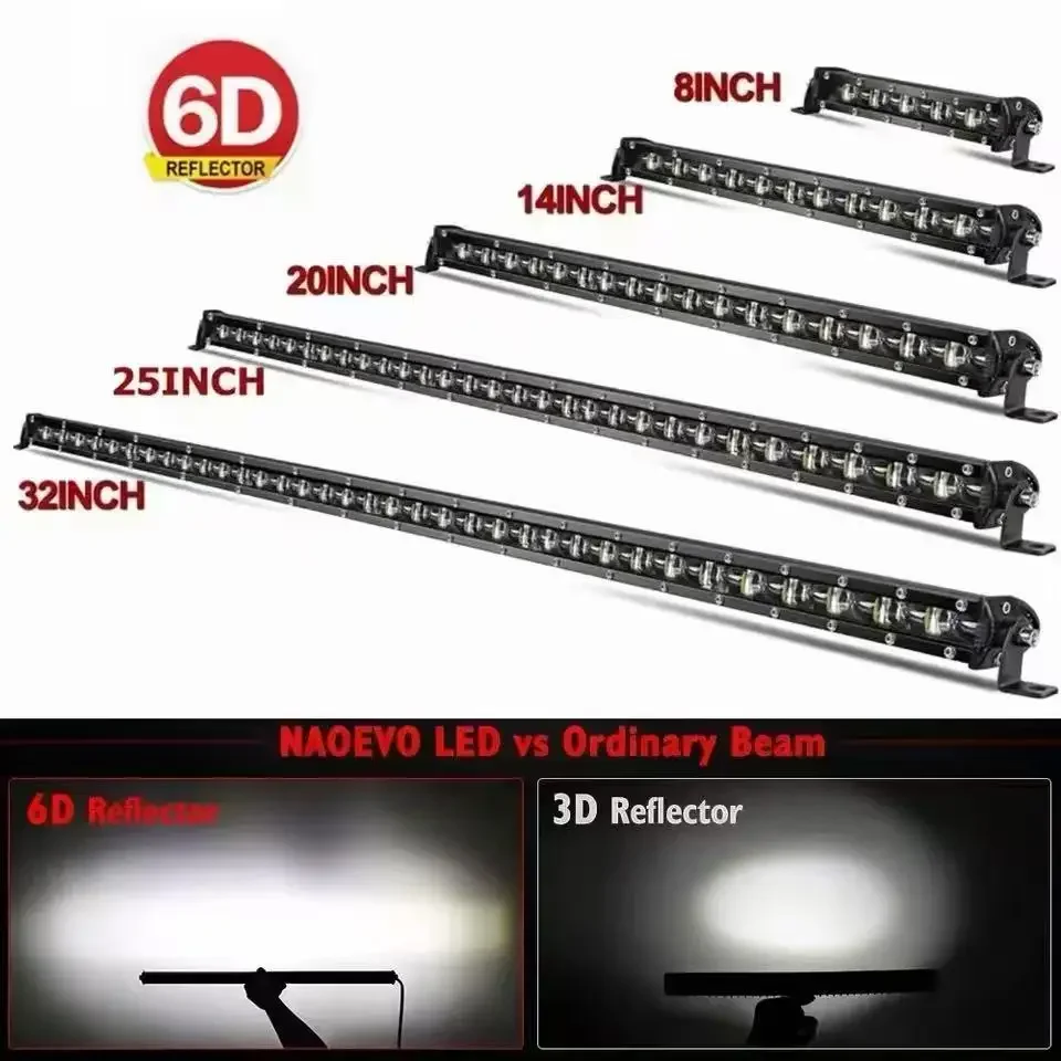 Barre lumineuse LED ultra-mince Braveway 6D à une rangée, 20 pouces, 26 pouces, 32 pouces, 38 pouces, 6500K, 12V, 24V, spot, inondation, combo, tout-terrain, moto, éclairage de travail, 4x4