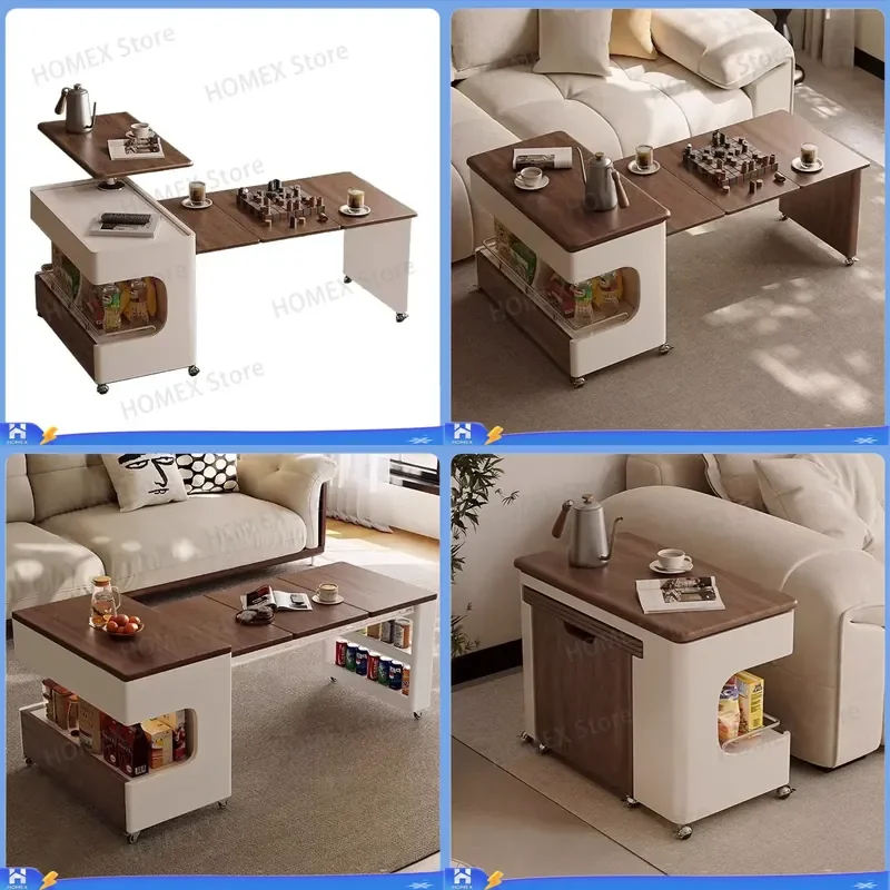 Multifunctional Foldable Rolling Coffee Cart Height Adjustable Side Table Movable Wooden Sofa End Table Cabinet Modern Living