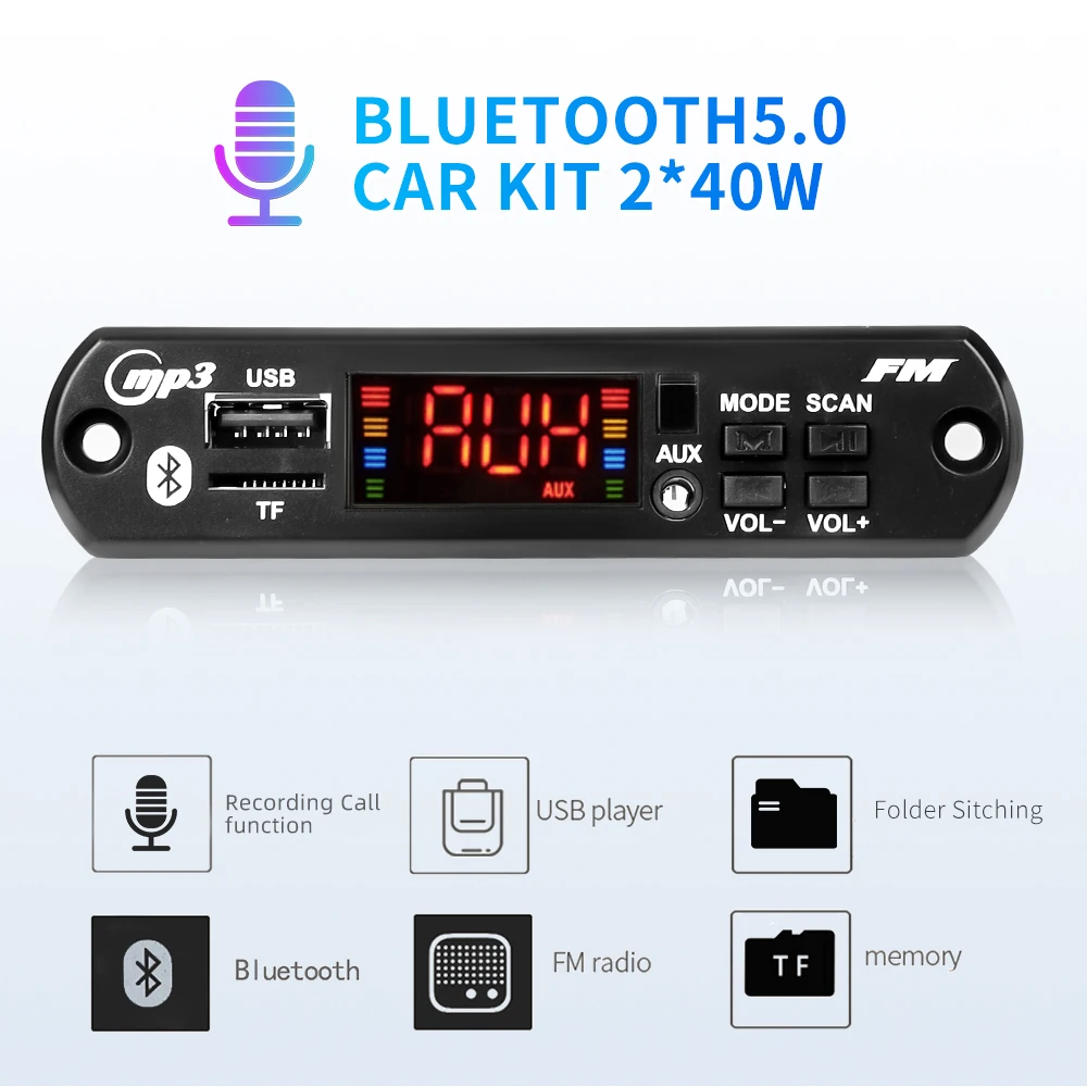 80W Amplifier Bluetooth 5.0 12V 40W MP3 Decoder board DIY Wireless Call Recording Music USB TF AUX FM Radio Folder Switching