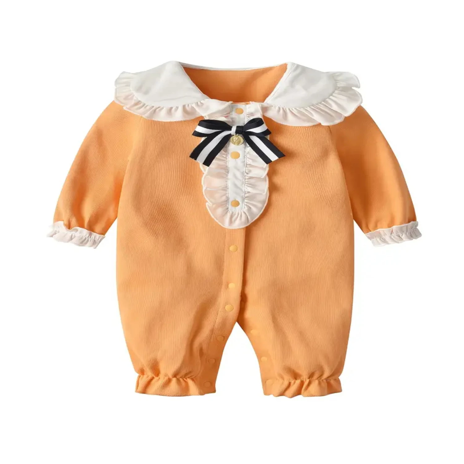 Langärmliger Strampler-Overall mit Rüschen und Schleife und Puppenkragen – trendige Baby-Mädchen-Mode