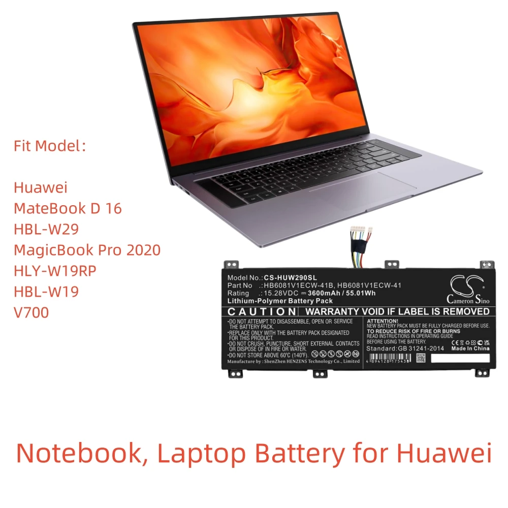 

Replacement Li-Polymer Notebook Battery for Huawei | 15.28V, 3600mAh | Compatible with MateBook D 16, HBL-W29, and HLY-W19RP