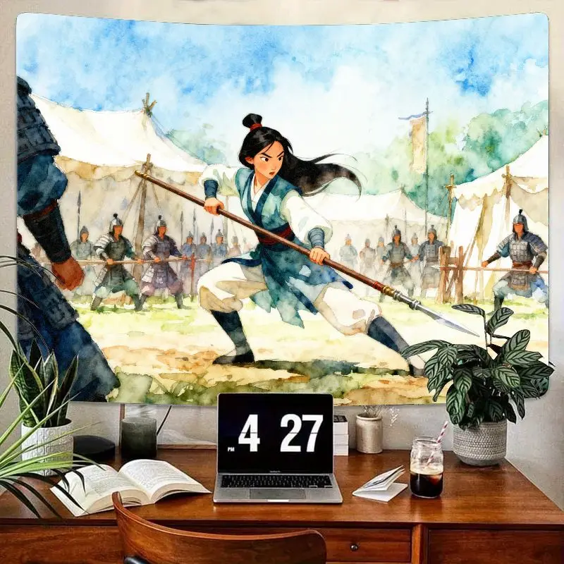 

1PC Mulan Style Watercolor Warrior Tapestry, Martial Arts Training Wall Art, Polyester Bedroom Living Room Decor, Empowerment Gi