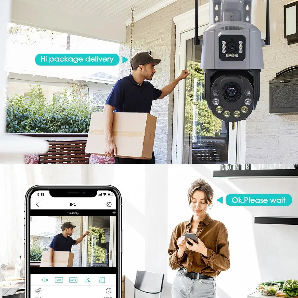 AIOOK ICSEE Camera HD 8MP 50X ZOOM WIFI IP CCTV Outdoor Waterproof Night Vision Two-Way Intercom Dual Lens Smart Video Camera