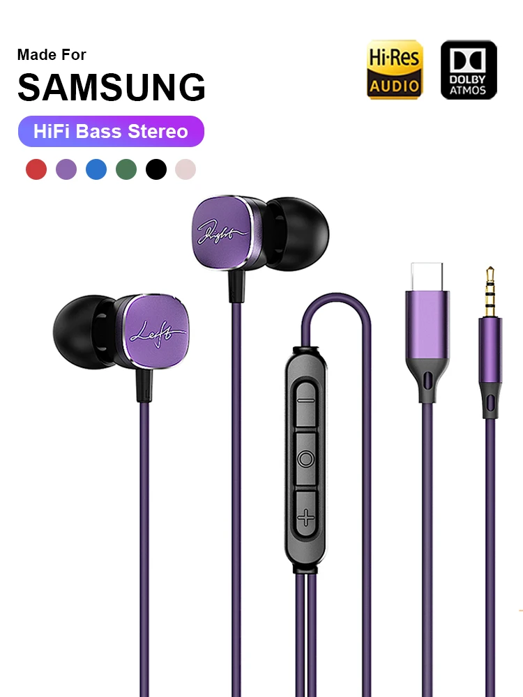 Écouteurs filaires type-c pour Samsung Galaxy S25 S24 S23 S22 HiFi basse stéréo 3.5MM écouteurs intra-auriculaires A54 A34 Note 20 10 accessoires