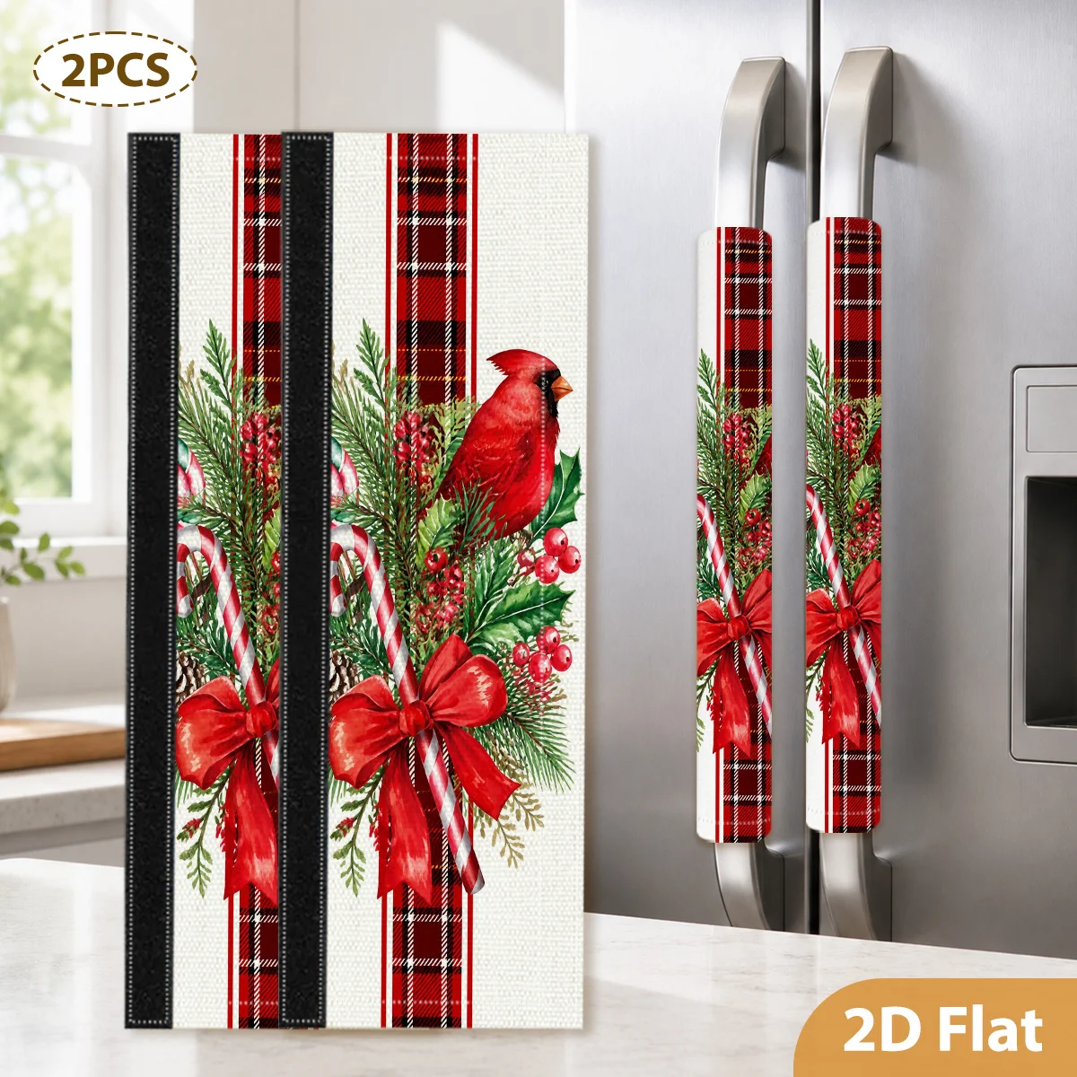 2pcs 2D Flat Christmas Cardinal Print Fridge Handle Covers, Microwave Oven Appliance Fabric Sleeve, Winter Holiday Kitchen Decor